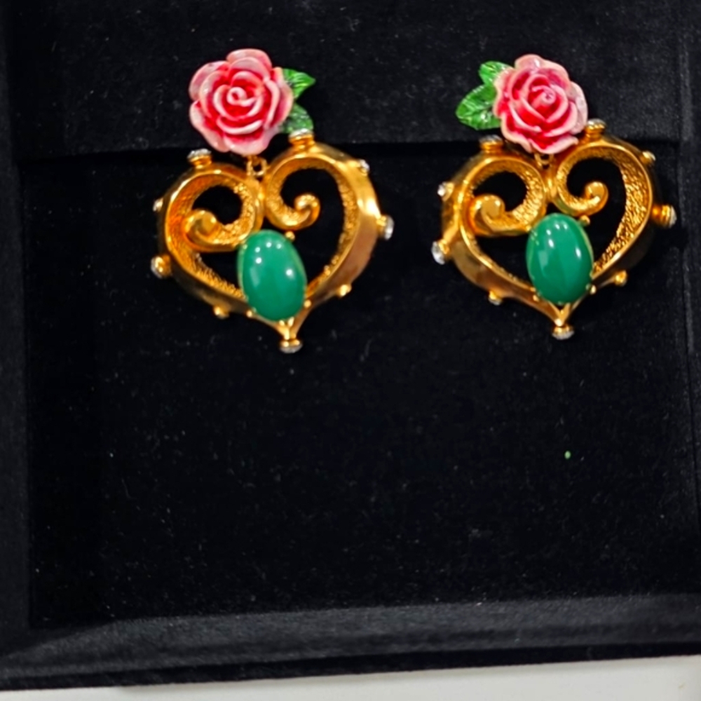 Dolce & Gabbana Gold Earrings with Green and Pink Floral Design